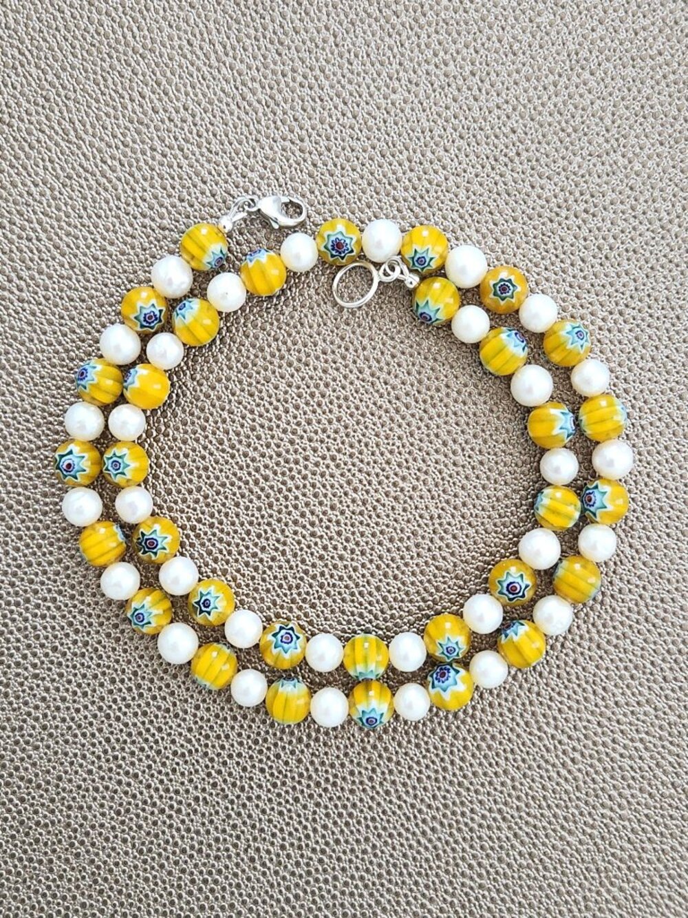 MILLEFIORI YELLOW BEADS W/ AKOYA PEARL NECKLACE--19"
